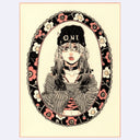 Black ink illustration with pink and gray of a girl wearing a beanie and an off the shoulder sweater. A floral oval shape frames the piece.