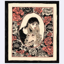 Black ink illustration with pink and brown color accents of a girl and a lion like dog, framed with floral patterning borders.