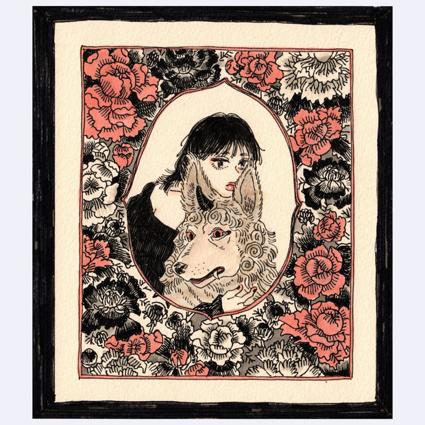 Black ink illustration with pink and brown color accents of a girl and a lion like dog, framed with floral patterning borders.