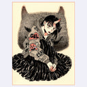 Illustration of a character with horns, a hoodie, and a black skirt on a light purple background.