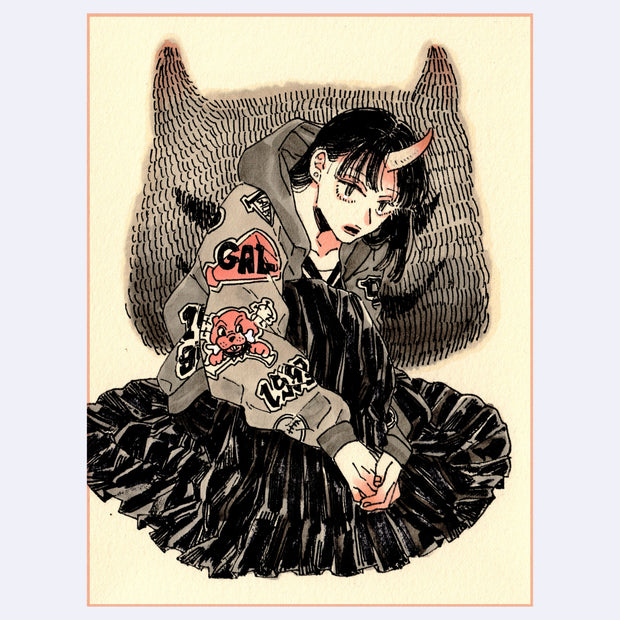 Illustration of a character with horns, a hoodie, and a black skirt on a light purple background.