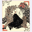 Black ink illustration with pink and brown color accents of a girl who is part lion creature, curled over onto herself with black pants and a lion costume at her back.