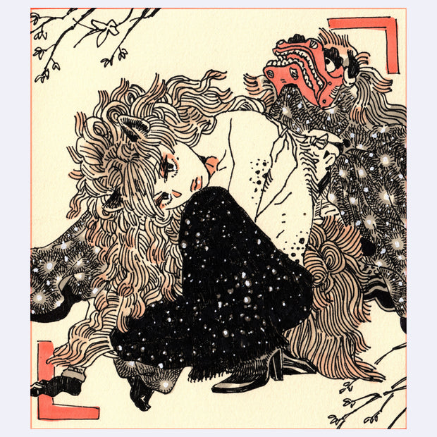 Black ink illustration with pink and brown color accents of a girl who is part lion creature, curled over onto herself with black pants and a lion costume at her back.