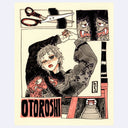 Black ink illustration with pink and brown color accents of a girl in a graphic sweater. Superimposed are other thumbnail images of torii gates, scissors and a monster.