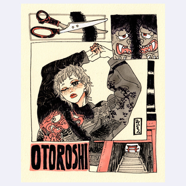 Black ink illustration with pink and brown color accents of a girl in a graphic sweater. Superimposed are other thumbnail images of torii gates, scissors and a monster.