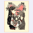 Black ink illustration with pink and brown color accents of a girl with a horn on her forehead, she wears a letterman jacket and holds a dog, who looks at her  and has a horn of its own.