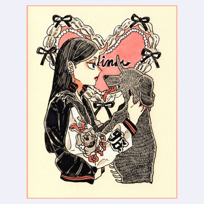 Black ink illustration with pink and brown color accents of a girl with a horn on her forehead, she wears a letterman jacket and holds a dog, who looks at her  and has a horn of its own.