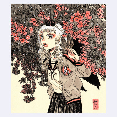 Black ink illustration with pink and brown color accents of a girl, posing in front of a bougainvillea bush.