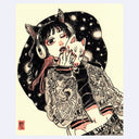 Black ink illustration with pink and brown color accents of a girl with cat ears and headphones. She pulls off a kitsune mask from her face and rests on a galaxy patterned beanbag.