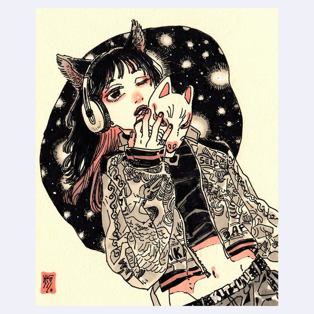 Black ink illustration with pink and brown color accents of a girl with cat ears and headphones. She pulls off a kitsune mask from her face and rests on a galaxy patterned beanbag.