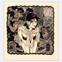 Black ink illustration with pink and brown color accents of a girl wearing a cap and a striped sweater wrapped around her shoulders. She is otherwise in her underwear and leans forward. Background are various yokai.