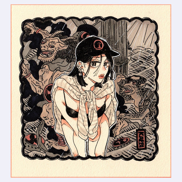 Black ink illustration with pink and brown color accents of a girl wearing a cap and a striped sweater wrapped around her shoulders. She is otherwise in her underwear and leans forward. Background are various yokai.
