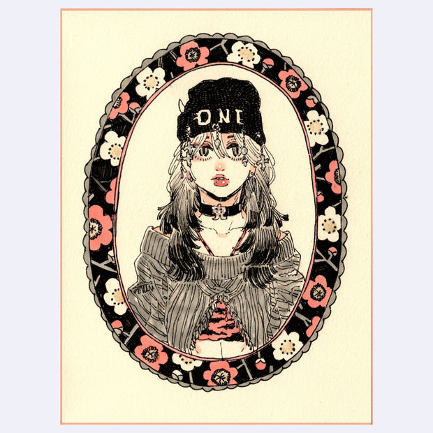 Black ink illustration with pink and gray of a girl wearing a beanie and an off the shoulder sweater. A floral oval shape frames the piece.