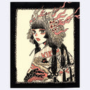 Black ink illustration with pink and brown color accents of a girl looking over her shoulder and wearing an ornate head piece.