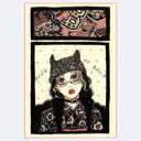 Black ink illustration with pink and brown color accents of a girl wearing a cat ear beanie and looking up with a nonchalant look. Overhead is a collage of letters and yokai monsters.