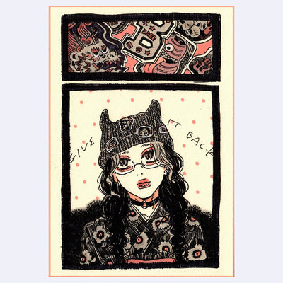Black ink illustration with pink and brown color accents of a girl wearing a cat ear beanie and looking up with a nonchalant look. Overhead is a collage of letters and yokai monsters.
