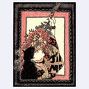 Black ink illustration with pink and brown color accents of a woman wearing a kimono, she holds a bouquet of flowers and tiny faces overhead, tilted down towards her.