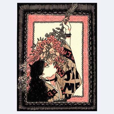 Black ink illustration with pink and brown color accents of a woman wearing a kimono, she holds a bouquet of flowers and tiny faces overhead, tilted down towards her.