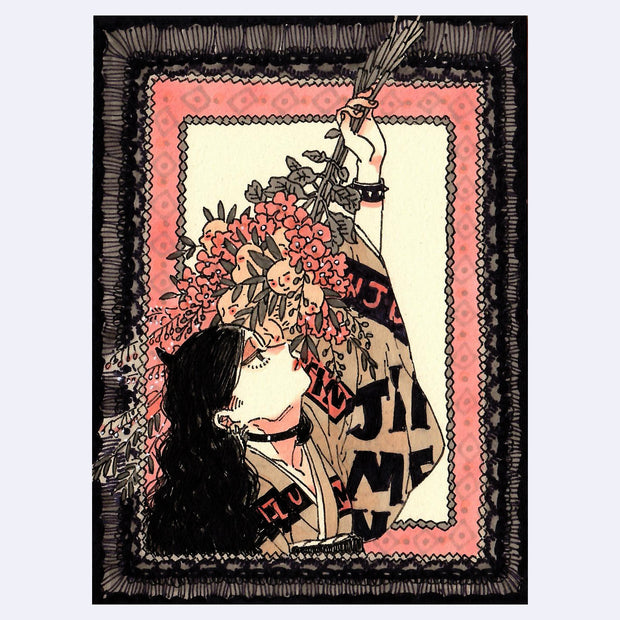 Black ink illustration with pink and brown color accents of a woman wearing a kimono, she holds a bouquet of flowers and tiny faces overhead, tilted down towards her.
