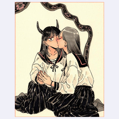 Black ink illustration with pink and brown color accents of 2 girls, one with demon horns, kissing one another through a mirror.