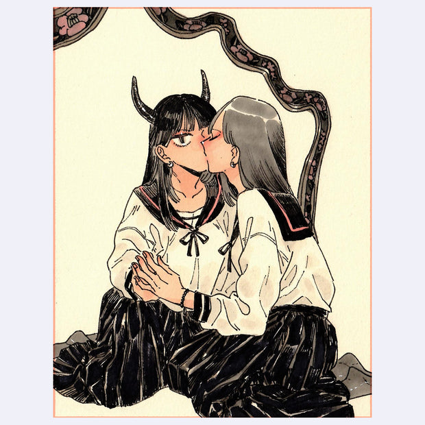 Black ink illustration with pink and brown color accents of 2 girls, one with demon horns, kissing one another through a mirror.