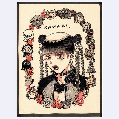 Black ink illustration with pink and brown color accents of a girl with her hair in buns and tassels hanging from them. She is in a oval shaped frame made out of Yokai character's heads.