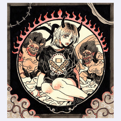 Black ink illustration with pink and brown color accents of a demon girl wearing a t-shirt and sitting on a blanket. Behind her are the lightning and thunder gods.