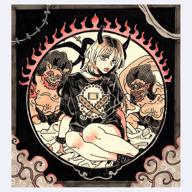 Black ink illustration with pink and brown color accents of a demon girl wearing a t-shirt and sitting on a blanket. Behind her are the lightning and thunder gods.