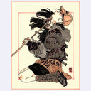 Black ink illustration with pink and brown color accents of a girl sitting on her knees and wearing baggy clothes. She has her head thrown back and holds a staff under her chin.