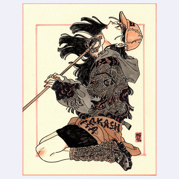 Black ink illustration with pink and brown color accents of a girl sitting on her knees and wearing baggy clothes. She has her head thrown back and holds a staff under her chin.