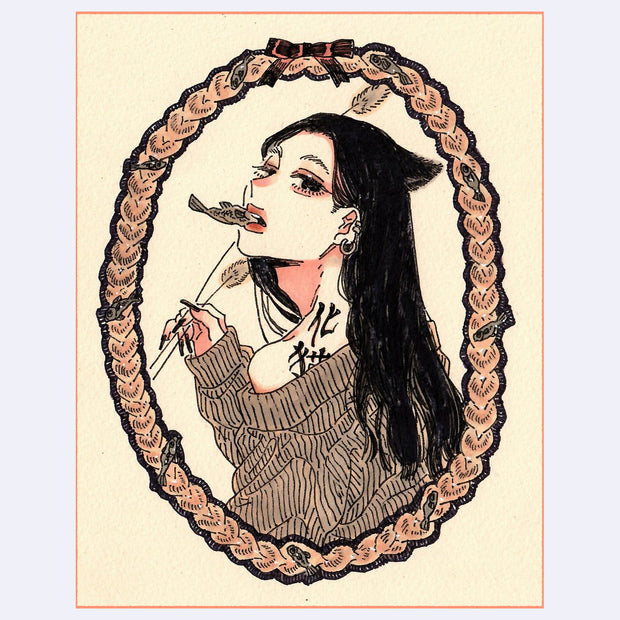 Black ink illustration with pink and brown color accents of a girl with cat ears, looking back over her shoulder and holding a fish in her mouth.