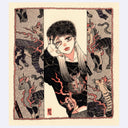 Black ink illustration with pink and brown color accents of a girl wearing a fur hat, standing in the middle of curtains with design patterns of flame horse creatures.