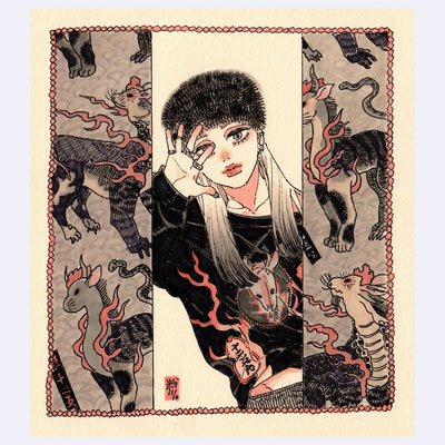 Black ink illustration with pink and brown color accents of a girl wearing a fur hat, standing in the middle of curtains with design patterns of flame horse creatures.