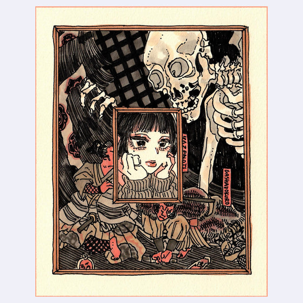 Black ink illustration with pink and brown color accents of a girl with her head in her hands, surrounded by imagery of Yokai such as Gashodokuro and various spirits. 
