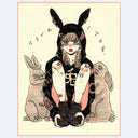 Black ink illustration with pink and brown color accents of a girl wearing a jacket with bunny ears. She sits on the ground between 2 stone rabbits.