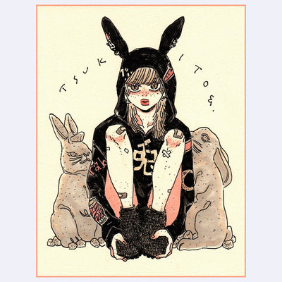 Black ink illustration with pink and brown color accents of a girl wearing a jacket with bunny ears. She sits on the ground between 2 stone rabbits.