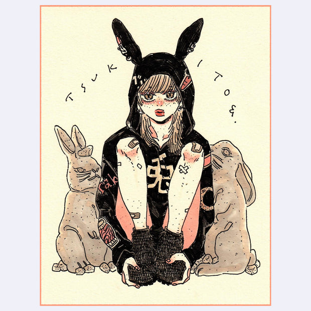 Black ink illustration with pink and brown color accents of a girl wearing a jacket with bunny ears. She sits on the ground between 2 stone rabbits.