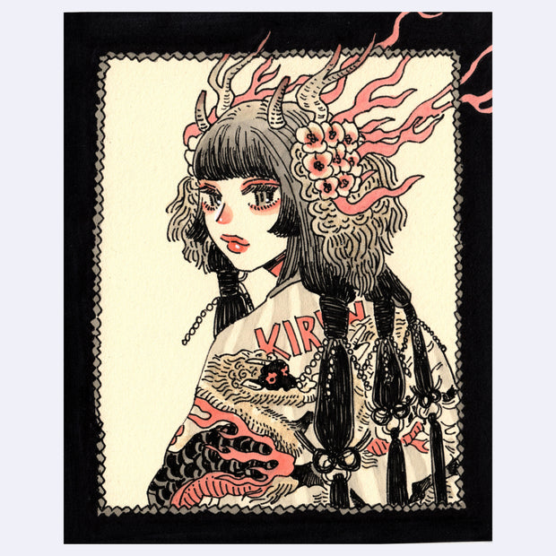 Black ink illustration with pink and brown color accents of a girl looking over her shoulder and wearing an ornate head piece.