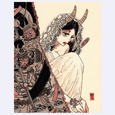 Black ink illustration with pink and brown color accents of a woman sitting on the ground with a lace head veil and a white dress. A curtain with monster warrior design half obscures her.