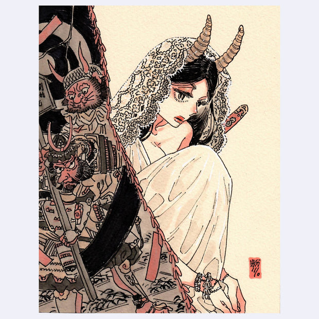 Black ink illustration with pink and brown color accents of a woman sitting on the ground with a lace head veil and a white dress. A curtain with monster warrior design half obscures her.