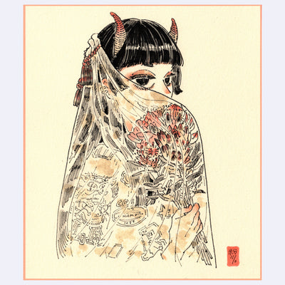 Black ink illustration with pink and brown color accents of a girl behind a semi opaque veil, holding a bouquet of flowers under it.