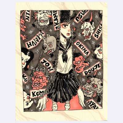 Black ink illustration with pink and brown color accents of a girl standing behind a curtain that has patterning of Japanese monsters and Yokais.