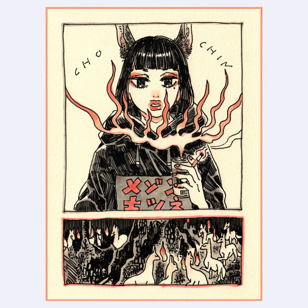 Black ink illustration with pink and brown color accents of a girl holding a can of beer with flames coming out of it. Below her is a forest full of flame fox animals.