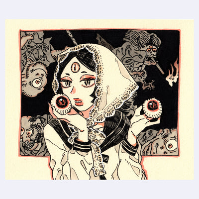 Black ink illustration with pink and brown color accents of a woman with a white fabric head scarf, she holds eye balls in her hands.