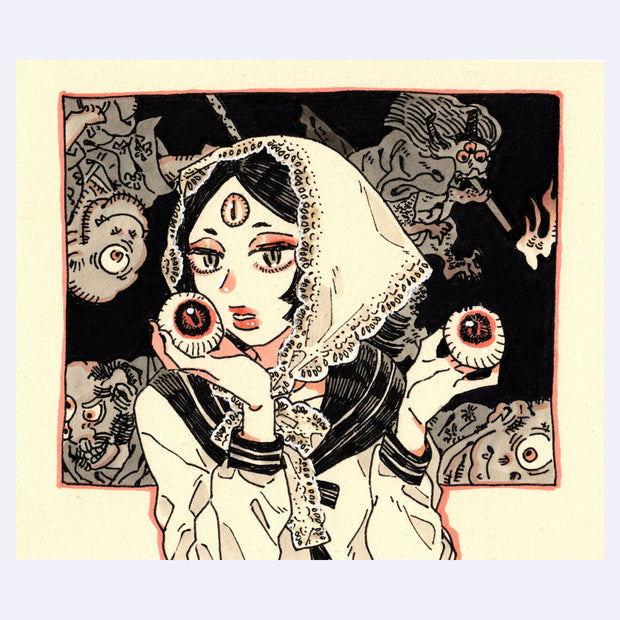 Black ink illustration with pink and brown color accents of a woman with a white fabric head scarf, she holds eye balls in her hands.
