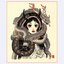 Black ink illustration with pink and brown color accents of a woman with several snakes wrapped around her.