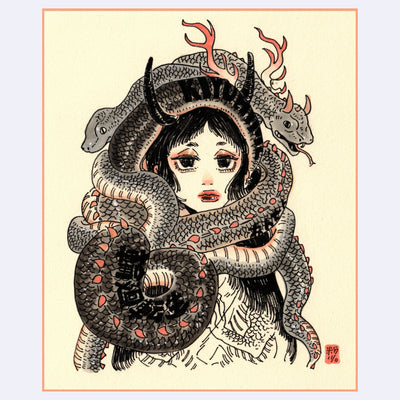 Black ink illustration with pink and brown color accents of a woman with several snakes wrapped around her.