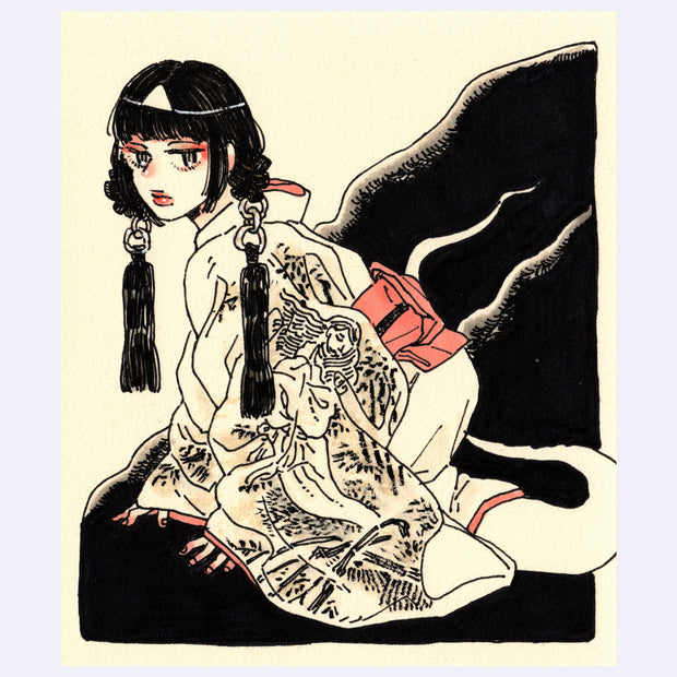Black ink illustration with pink and brown color accents of a woman wearing a kimono and sitting on her knees. She has a curling ghost tail.