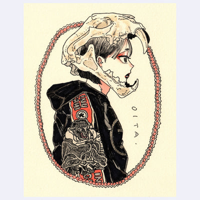 Black ink illustration with pink and brown color accents of a woman, in side profile, wearing a skull atop her head. She wears a graphic jacket.
