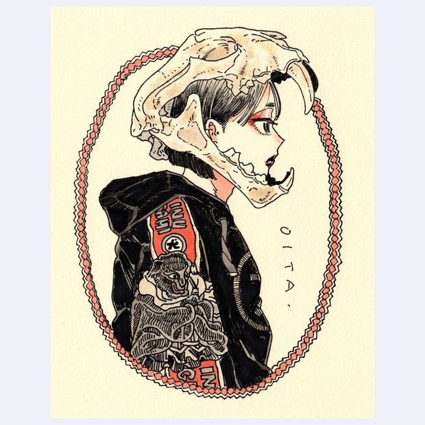 Black ink illustration with pink and brown color accents of a woman, in side profile, wearing a skull atop her head. She wears a graphic jacket.